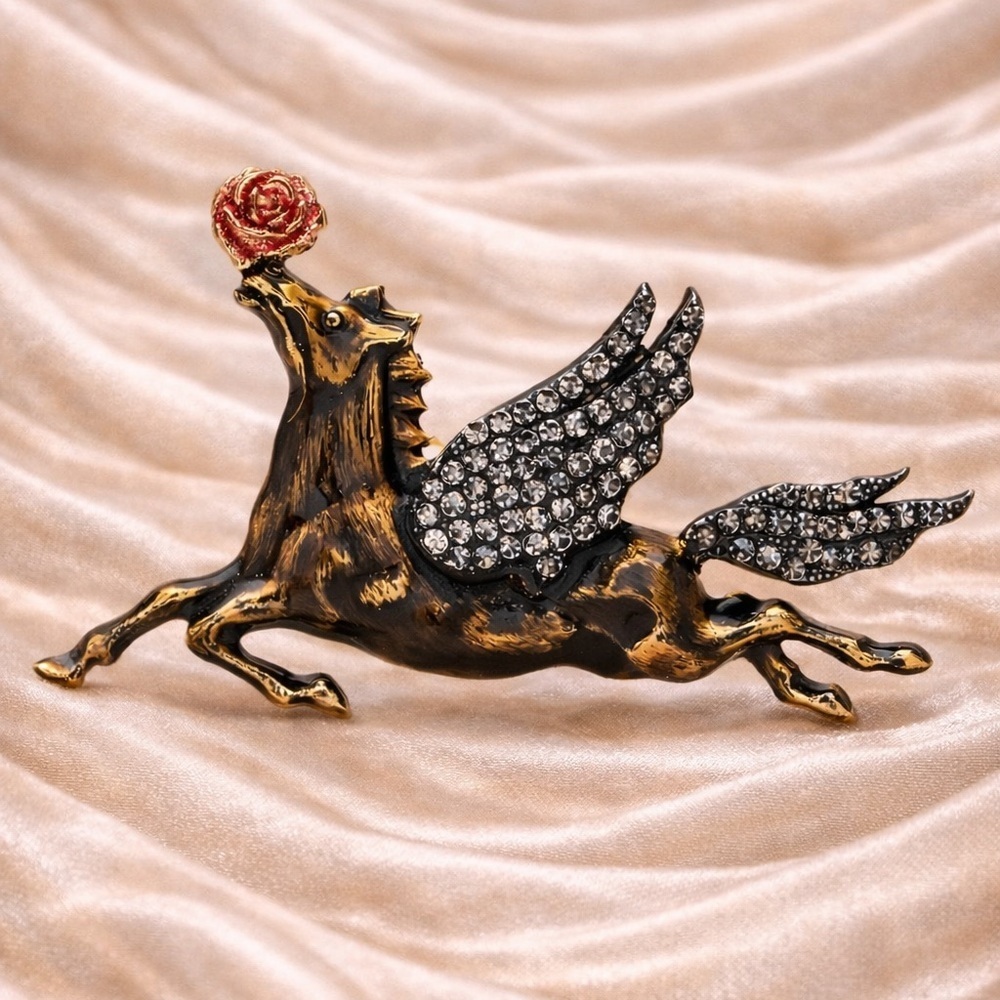 Angel Horse Pegasus Brown Brooch with Rose Accent